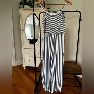 Blue and white stripped Abercrombie and fitch cotton jumpsuit—adjustable straps